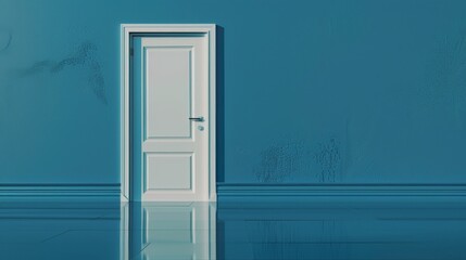 a closed white door in a blue wall with a reflection on the floor