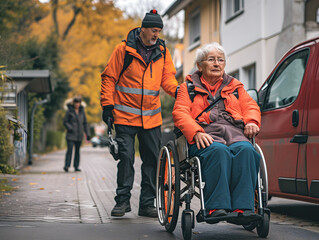 Obraz premium Social worker caring for an elderly person sitting in a wheelchair. Volunteer young people help elderly people. Concepts of caring for the elderly, sick or disabled.