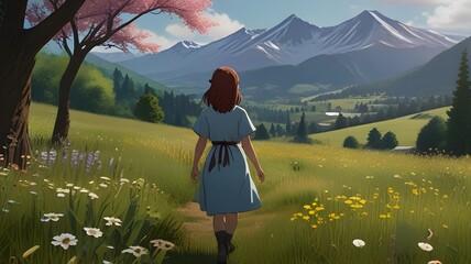 Experience the beauty of nature as you take a peaceful walk through fields full of flowers and majestic mountains. a woman