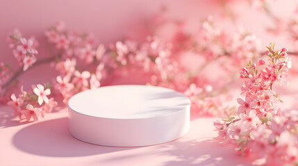 Japanese style minimalist background with white empty round podium in pink background with pink cherry blossoms for product presentation. 3D illustration.