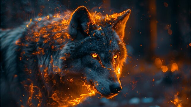 a wolf made of fire in the dark, wallpaper, high contrast,Generative AI illustration.