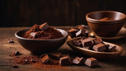 Chocolate pieces with cocoa powder in bowl on wooden table with copyspace 