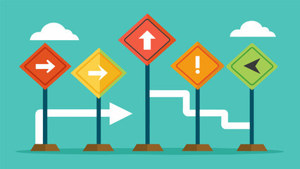 A series of road signs each indicating a different stage of the rational thinking process and the direction to take towards making a rational. Vector illustration
