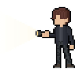 Fototapeta premium Pixel art cartoon man character holding the flashlight
