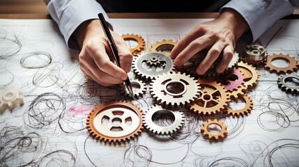 A businessman's hand sketching interconnecting gears on paper, representing conceptualizing strategies for organizational progress and advancement