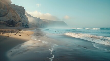 Beach with cliffs in background,waves breaks on sand,misty morning light,summer vacation concept.