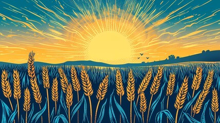 Golden wheat field illustration poster background
