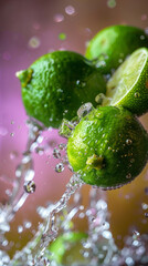 Closeup of limes and ice cubes in sparkling water, with a pink, purple and green background in the style of a light, white, yellow and dreamy style.