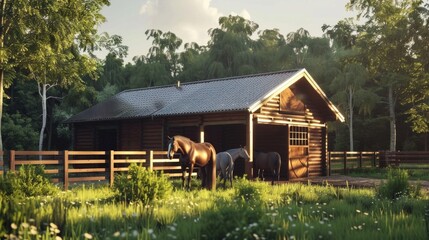 Large horse farm stable exterior.