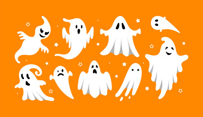 Cute Halloween Ghosts Set. Hand drawn spooky flying white spirits collection. Cartoon funny ghost on orange background. Vector simple halloween horror characters. Creepy Halloween party costume.