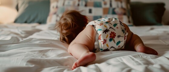 Adorable Baby in Stylish Reusable Cloth Diaper: A Close-Up on Little Legs
