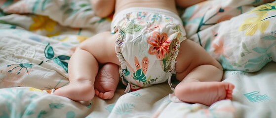 Adorable Baby in Stylish Reusable Cloth Diaper: A Close-Up on Little Legs

