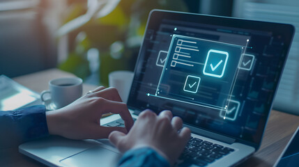 Technology and futuristic lifestyle with business using laptop computer connecting online and chatting ai virtual world, work from home concept.