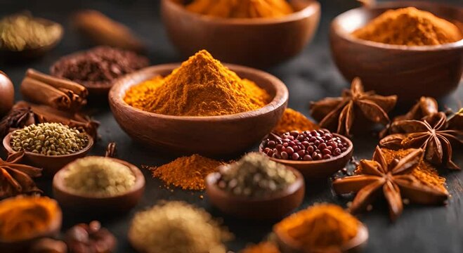 Close-up of colorful spices on a wooden plate