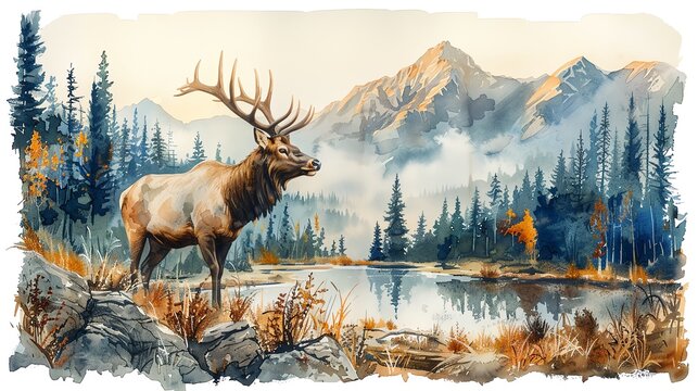 Majestic elk with antlers held high, traversing a forested mountainside, painted in bold watercolor strokes
