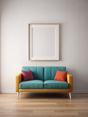Fototapeta premium modern plain flat white wall empty white frame on the wall, couch, colourful