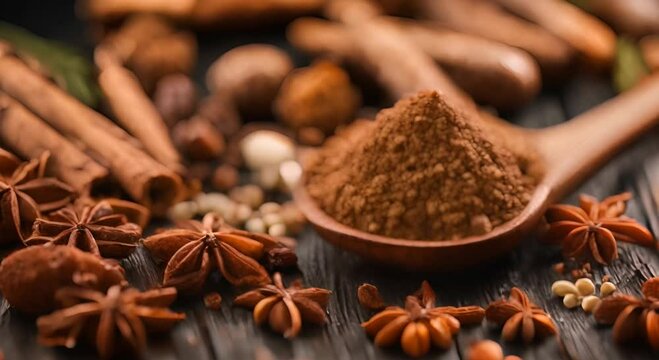 Wooden plate overflowing with colorful spices