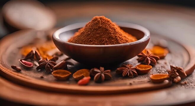 Spices from around the world on a wooden platter