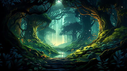 A vector graphic of a mythical forest with glowing plants.