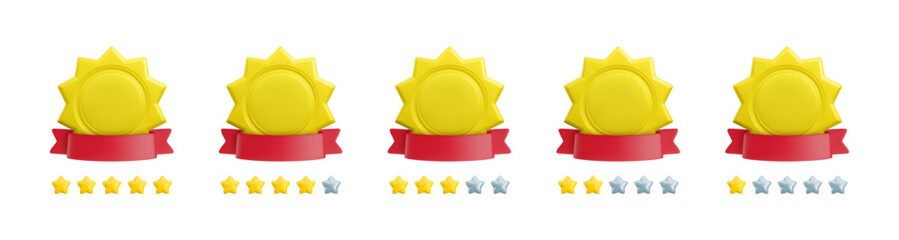 Vector cartoon 3d feedback rating concept. Set of gold empty badge icons with star ratings from 1 to 5 and red ribbon. Customer satisfaction level icons for web, game, app.