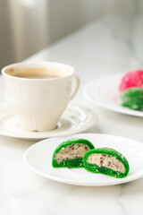 Multi-colored Japanese cakes Mochi in a white plate