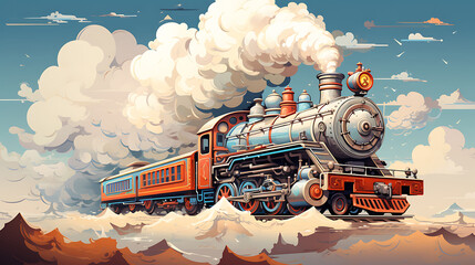 A vector graphic of a retro-futuristic train with steam-powered elements.