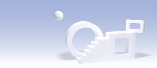 White product podium with stairs, circle and rectangular decorative elements in studio room interior with pastel blue wall and floor. Realistic 3d minimal composition scene with goods display platform
