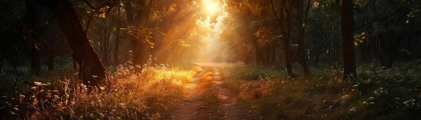 A beautiful forest path with sunlight streaming through the trees. The path is covered in fallen...