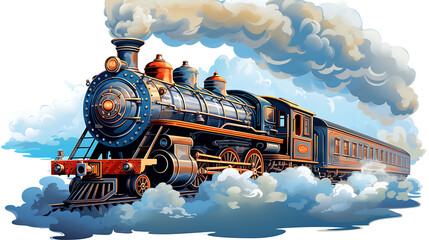 A vector graphic of a retro-futuristic train with steam-powered elements.