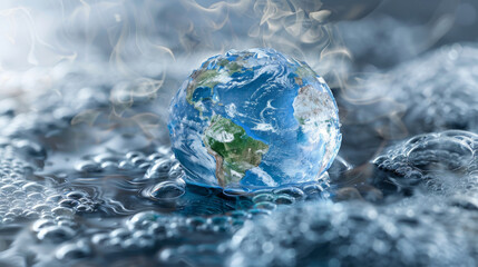 A clear earth globe is floating on top of a boiling water. The water is surrounded by steam, global boiling concept