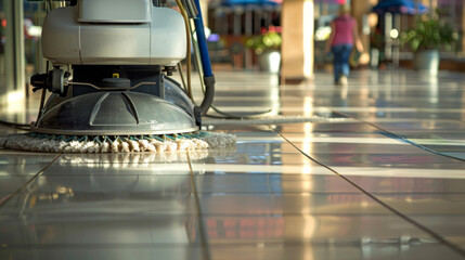 A floor cleaner is being used in a mall.