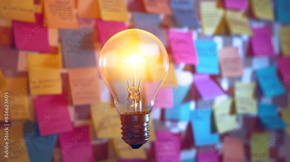 Poster a light bulb is lit up in front colorful sticky notes, brainstorming and solution idea concept.
