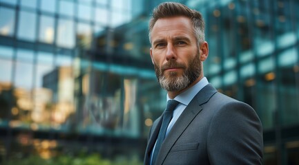 Handsome and confident businessman in a suit standing against a modern glass building, business concept.