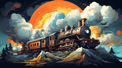 A vector graphic of a retro-futuristic train with steam-powered elements.