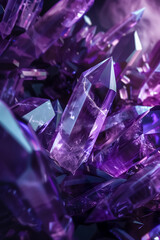 Dynamic abstract background with floating crystal shards in rich amethyst tones, illustrating a premium, luxurious environment with vivid colors