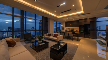 Luxurious open plan livingroom and kitchen in black color, modern style interior design apartment.