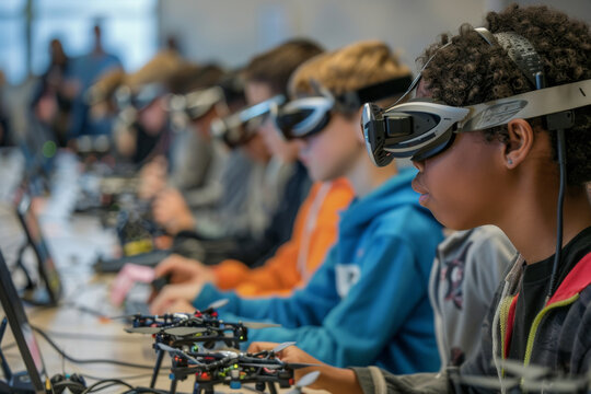 A group of children wearing virtual reality goggles using remote to control drones. The children are sitting at a table with laptops and the drones