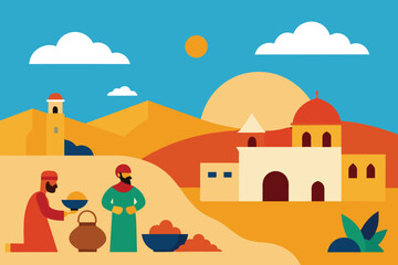 Vector illustration of Middle Eastern scene. Arabic desert landscape with traditional mud brick houses and people. Carpets, ceramics, fruits, spices. Islamic Architecture vector design