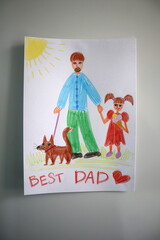 Photo postcard to the Dad drawn by child. White background. Drawing with colored pencils. Dad is...