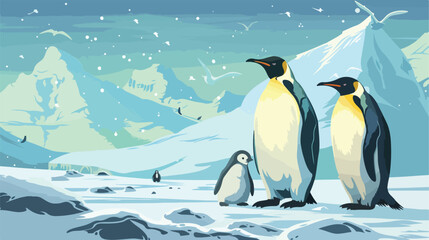 North pole Arctic family penguins background Vector illustration