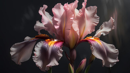 Beautiful realistic light pastel crimson-pink iris on a dark gray background. Light falls beautifully on the petals, revealing transparent petals of delicate and warm iris. There is a glow inside the 