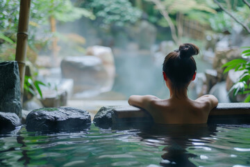 A woman is in onsen hot springs pool, enjoying the water. She is smiling and she is relaxed, wellness concept