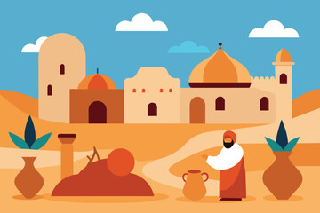 Vector illustration of Middle Eastern scene. Arabic desert landscape with traditional mud brick houses and people. Carpets, ceramics, fruits, spices. Islamic Architecture vector design