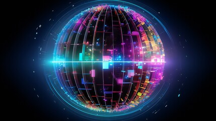 A multicolored spherical web browser displayed on a screen, representing searching the internet visually through a virtual globe. Futuristic concepts for digital connectivity