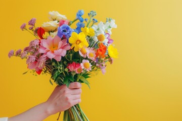 Vibrant bouquet of mixed flowers against a yellow background