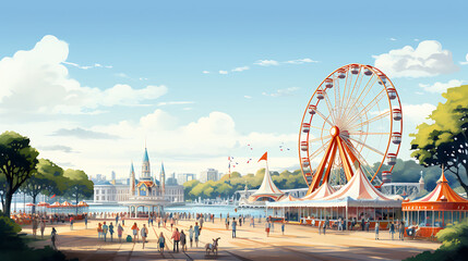 A vector graphic of a seaside carnival with rides.