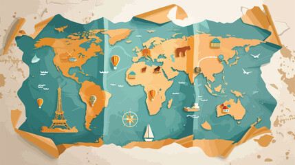 Paper map with travel around world icons Vector illustration