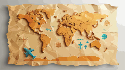 Paper map with travel around world icons Vector illustration