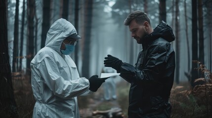 Detectives collecting evidence in a crime scene. Forensic specialists making expertise. Police officers and investigation in forest. Ai-generated.