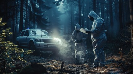 Detectives collecting evidence in a crime scene. Forensic specialists making expertise. Police officers and investigation in forest. Ai-generated.